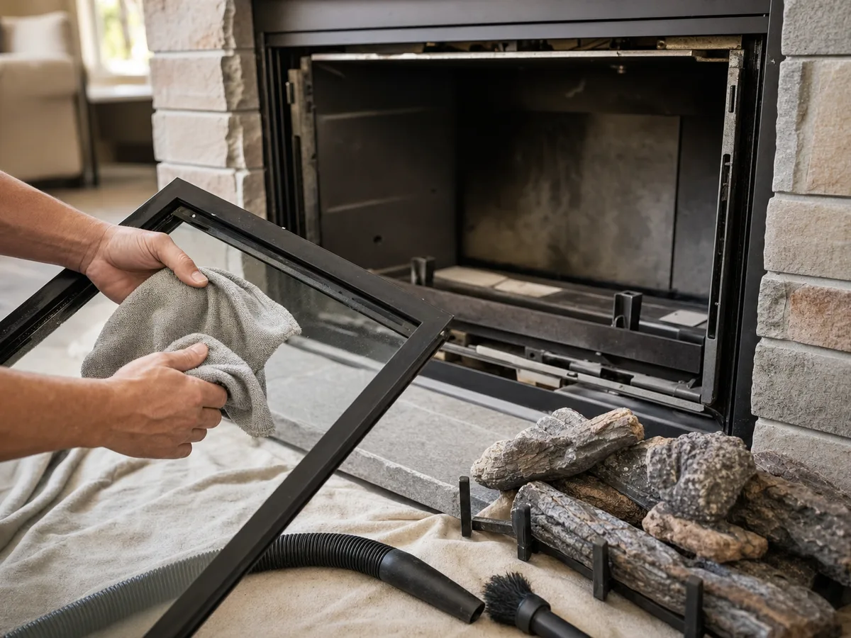 A technician's hands wiping the removed glass front of a gas fireplace, the log set and a vacuum hose on a drop cloth, fire off