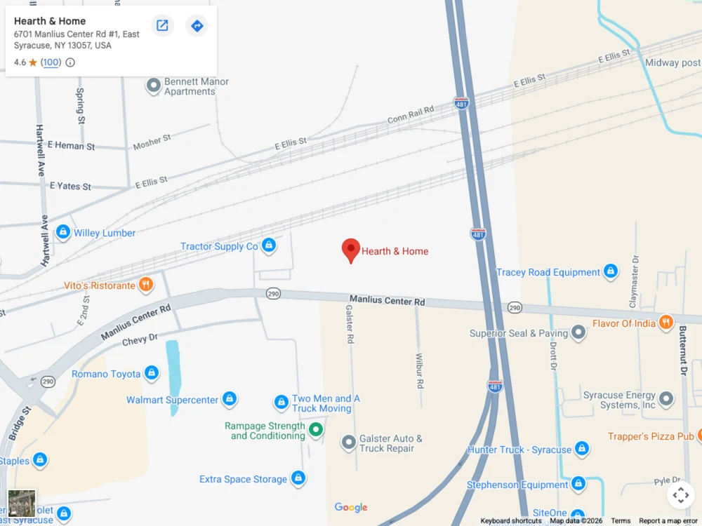 Google map showing Hearth & Home at 6701 Manlius Center Road in East Syracuse, just off NY 290 near I-481
