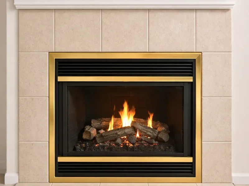 A dated gas fireplace with a brass-trimmed front and beige tile surround, burning