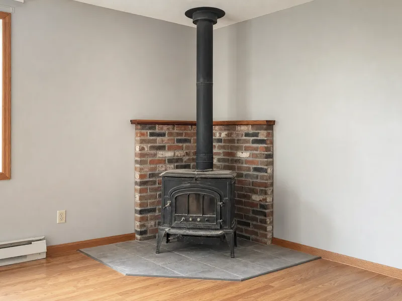 An older black cast-iron wood stove on a tiled hearth pad in the corner of a room, unlit
