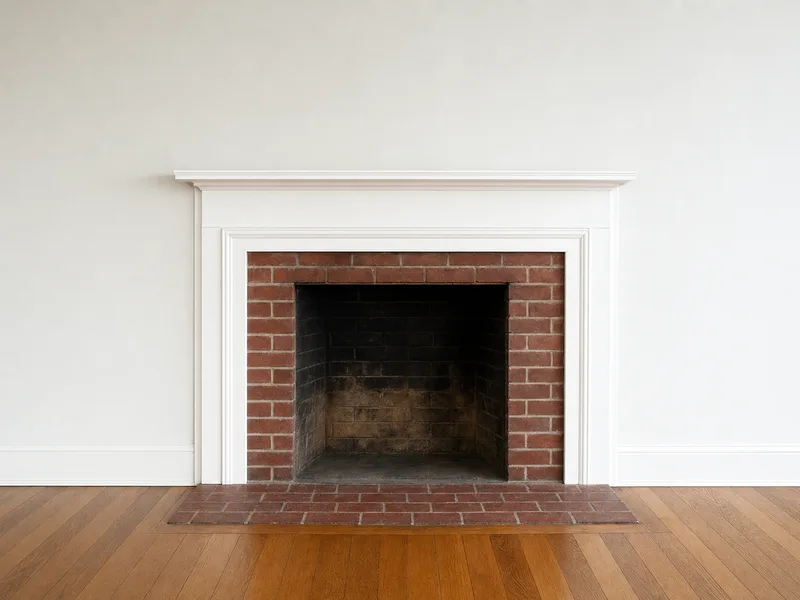 An older open brick masonry fireplace with a plain white painted mantel, the firebox dark and unlit, on a continuous wall